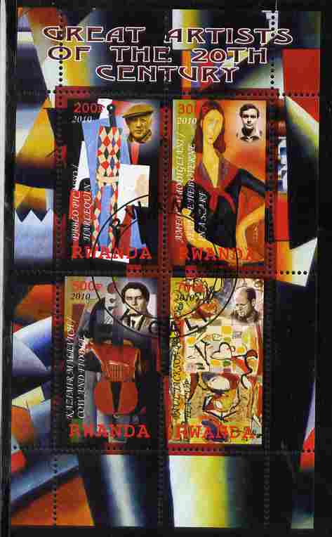 Rwanda 2010 Great Artists perf sheetlet containing 4 values fine cto used, stamps on personalities, stamps on arts, stamps on picasso, stamps on modigliani, stamps on pollock