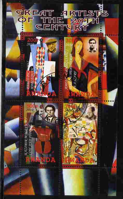 Rwanda 2010 Great Artists perf sheetlet containing 4 values fine cto used, stamps on , stamps on  stamps on personalities, stamps on  stamps on arts, stamps on  stamps on picasso, stamps on  stamps on modigliani, stamps on  stamps on pollock