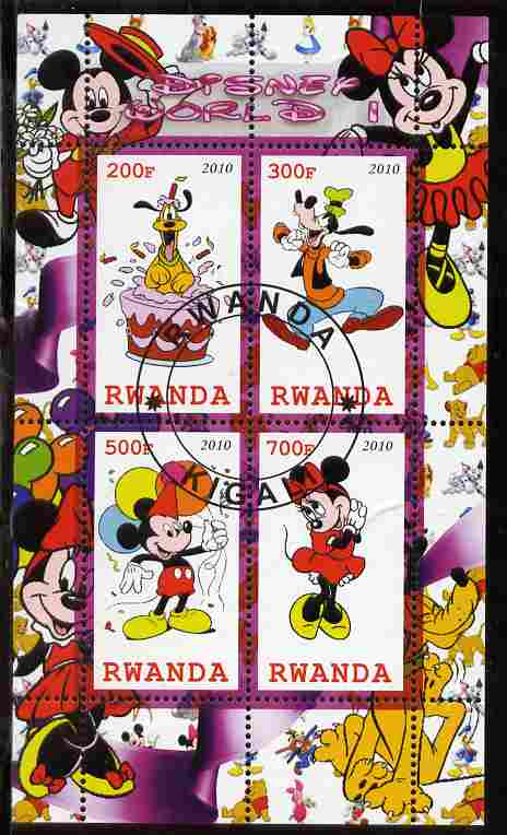 Rwanda 2010 Disney World #1 perf sheetlet containing 4 values fine cto used, stamps on , stamps on  stamps on personalities, stamps on  stamps on disney, stamps on  stamps on films, stamps on  stamps on cinema, stamps on  stamps on cartoons, stamps on  stamps on movies