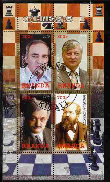 Rwanda 2010 Chess Masters #1 perf sheetlet containing 4 values fine cto used, stamps on personalities, stamps on chess