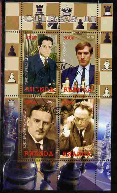 Rwanda 2010 Chess Masters #2 perf sheetlet containing 4 values fine cto used, stamps on personalities, stamps on chess