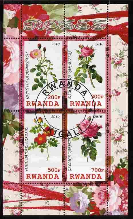 Rwanda 2010 Flowers - Roses perf sheetlet containing 4 values fine cto used, stamps on , stamps on  stamps on flowers, stamps on  stamps on roses