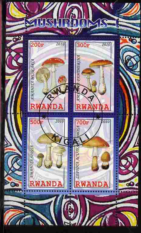 Rwanda 2010 Mushrooms #1 perf sheetlet containing 4 values fine cto used, stamps on fungi
