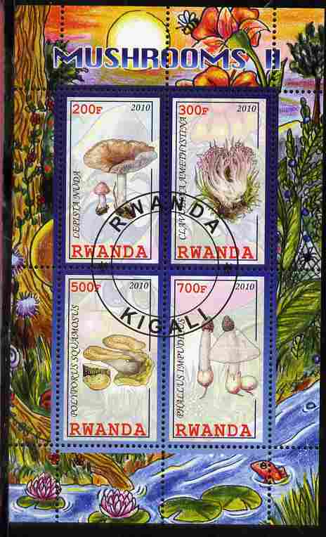 Rwanda 2010 Mushrooms #2 perf sheetlet containing 4 values fine cto used, stamps on , stamps on  stamps on fungi