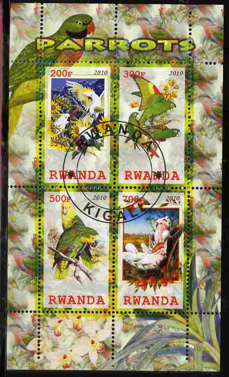 Rwanda 2010 Parrots perf sheetlet containing 4 values fine cto used, stamps on birds, stamps on parrots