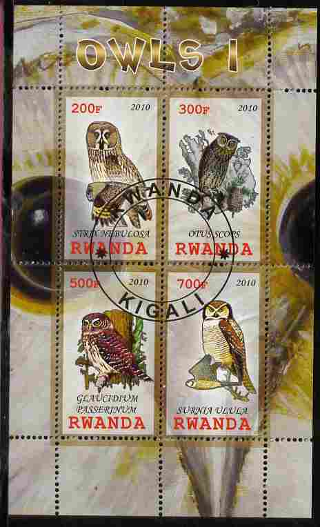 Rwanda 2010 Owls #1 perf sheetlet containing 4 values fine cto used, stamps on birds, stamps on birds of prey, stamps on owls