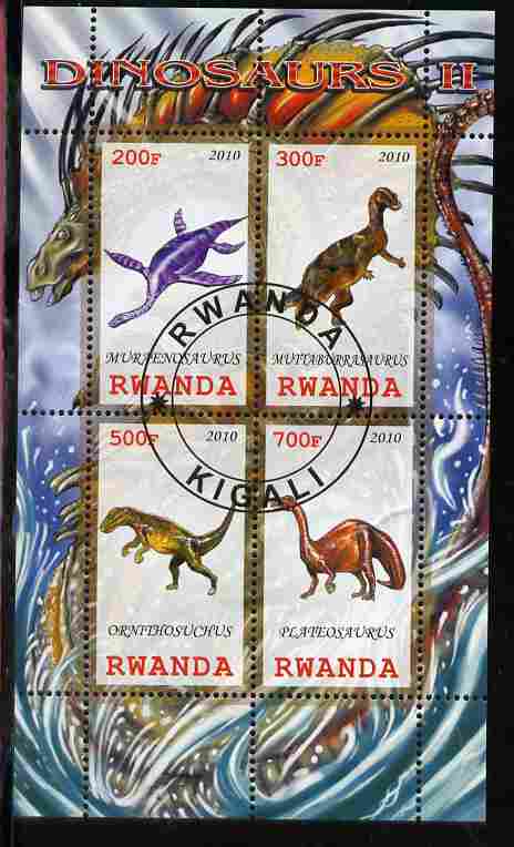 Rwanda 2010 Dinosaurs #2 perf sheetlet containing 4 values fine cto used, stamps on , stamps on  stamps on dinosaurs