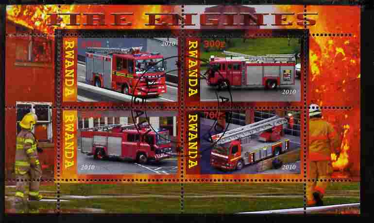 Rwanda 2010 Fire Engines perf sheetlet containing 4 values fine cto used, stamps on , stamps on  stamps on fire