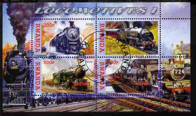 Rwanda 2010 Steam Locomotives #1 perf sheetlet containing 4 values fine cto used, stamps on railways