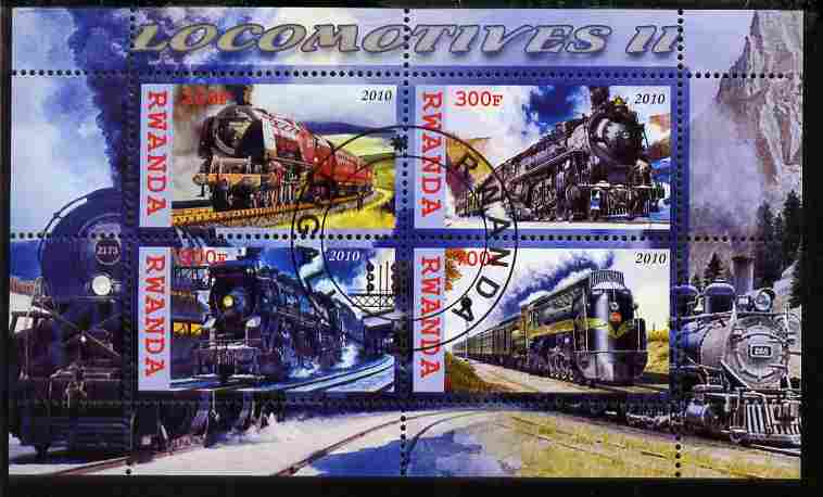 Rwanda 2010 Steam Locomotives #2 perf sheetlet containing 4 values fine cto used, stamps on railways