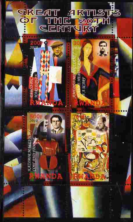 Rwanda 2010 Great Artists perf sheetlet containing 4 values unmounted mint, stamps on personalities, stamps on arts, stamps on picasso, stamps on modigliani, stamps on pollock