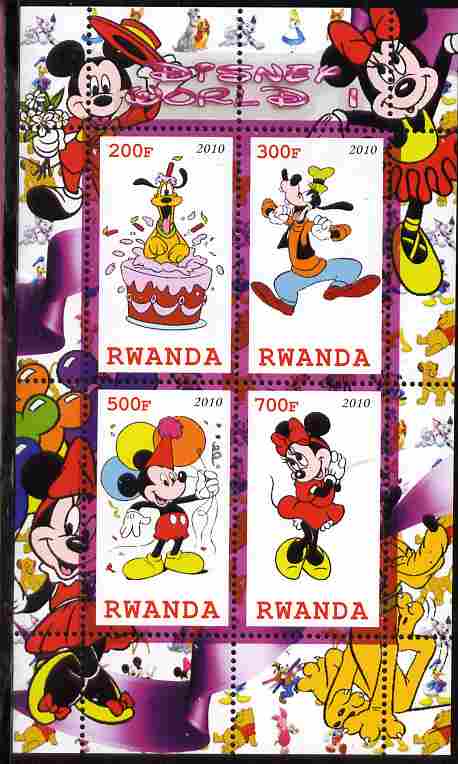 Rwanda 2010 Disney World #1 perf sheetlet containing 4 values unmounted mint, stamps on personalities, stamps on disney, stamps on films, stamps on cinema, stamps on cartoons, stamps on movies