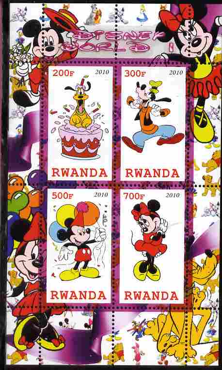 Rwanda 2010 Disney World #1 perf sheetlet containing 4 values unmounted mint, stamps on , stamps on  stamps on personalities, stamps on  stamps on disney, stamps on  stamps on films, stamps on  stamps on cinema, stamps on  stamps on cartoons, stamps on  stamps on movies