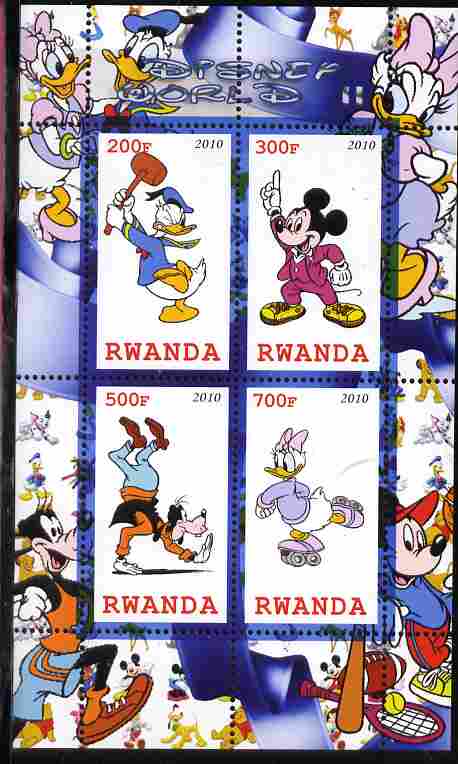 Rwanda 2010 Disney World #2 perf sheetlet containing 4 values unmounted mint, stamps on , stamps on  stamps on personalities, stamps on  stamps on disney, stamps on  stamps on films, stamps on  stamps on cinema, stamps on  stamps on cartoons, stamps on  stamps on movies