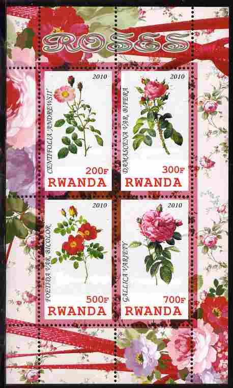 Rwanda 2010 Flowers - Roses perf sheetlet containing 4 values unmounted mint, stamps on , stamps on  stamps on flowers, stamps on  stamps on roses