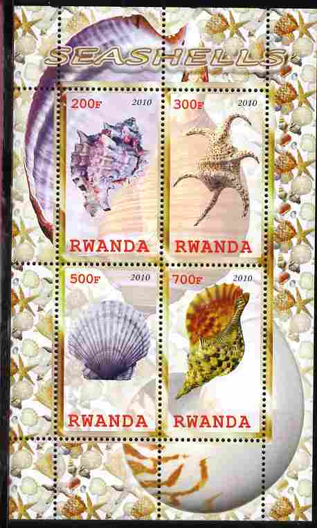 Rwanda 2010 Seashells perf sheetlet containing 4 values unmounted mint, stamps on marine life, stamps on shells