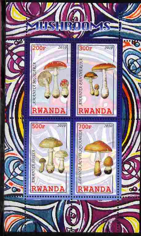 Rwanda 2010 Mushrooms #1 perf sheetlet containing 4 values unmounted mint, stamps on , stamps on  stamps on fungi