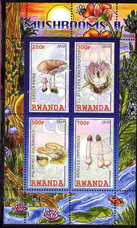 Rwanda 2010 Mushrooms #2 perf sheetlet containing 4 values unmounted mint, stamps on , stamps on  stamps on fungi