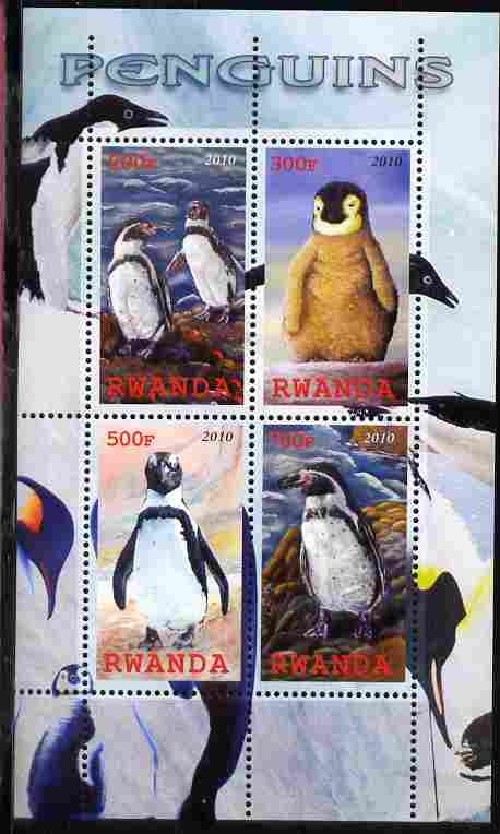 Rwanda 2010 Penguins perf sheetlet containing 4 values unmounted mint, stamps on birds, stamps on penguins