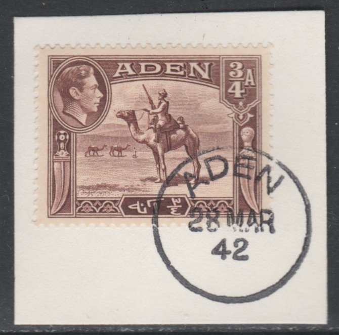 Aden 1939-48 KG6 Camel Corps 3/4a red-brown on piece with full strike of Madame Joseph forged postmark type 3, stamps on , stamps on  stamps on animals, stamps on  stamps on camels, stamps on  stamps on militaria, stamps on  stamps on  kg6 , stamps on  stamps on 