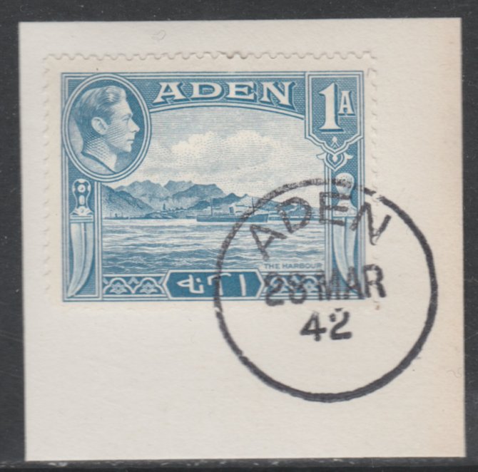 Aden 1939-48 KG6 The Harbour 1a pale blue on piece with full strike of Madame Joseph forged postmark type 3, stamps on , stamps on  stamps on harbours    ports, stamps on  stamps on  kg6 , stamps on  stamps on 