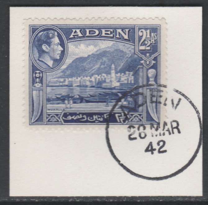 Aden 1939-48 KG6 Mukalla 2.5a deep ultramarine on piece with full strike of Madame Joseph forged postmark type 3, stamps on , stamps on  stamps on , stamps on  stamps on  kg6 , stamps on  stamps on 