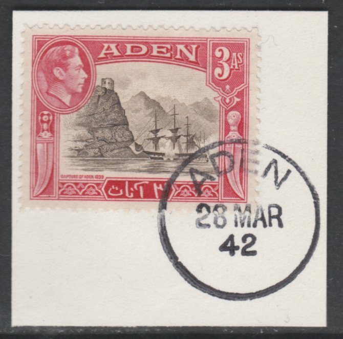 Aden 1939-48 KG6 Capture of Aden 3a sepia & carmine on piece with full strike of Madame Joseph forged postmark type 3, stamps on , stamps on  stamps on , stamps on  stamps on  kg6 , stamps on  stamps on ships