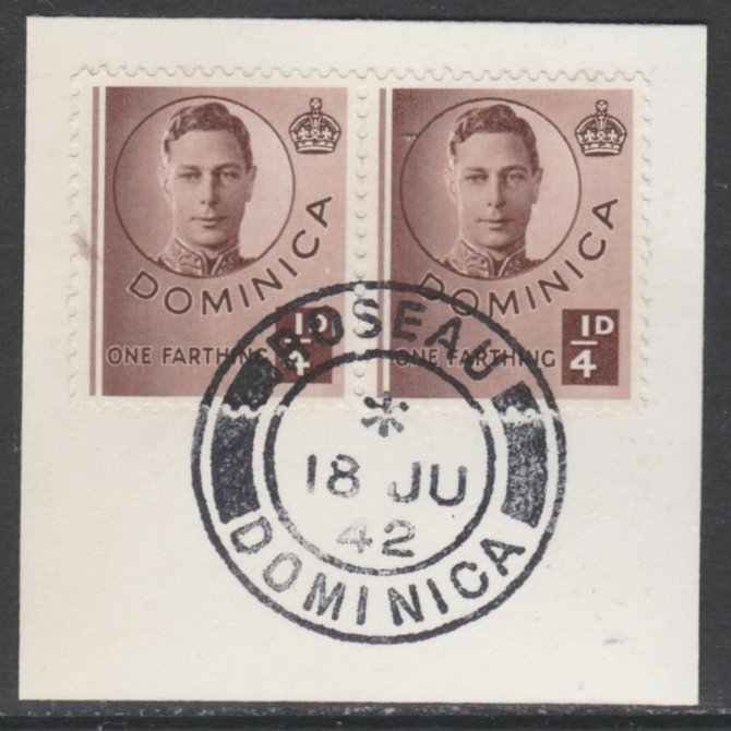 Dominica 1938-47 KG6 1/4d brown x 2 on piece with full strike of Madame Joseph forged postmark type 143, stamps on , stamps on  kg6 , stamps on 