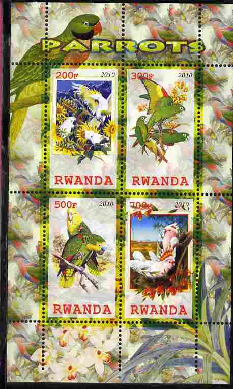 Rwanda 2010 Parrots perf sheetlet containing 4 values unmounted mint, stamps on birds, stamps on parrots