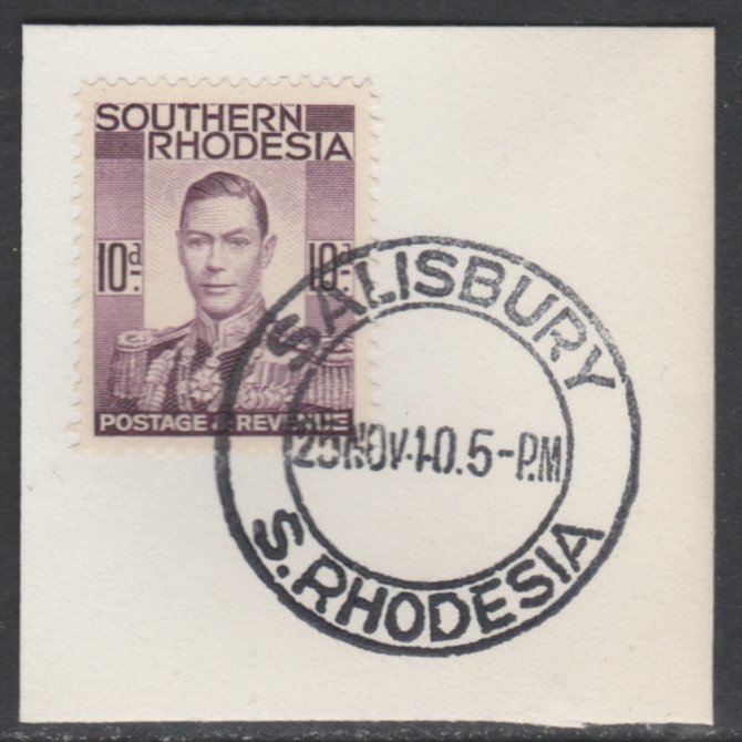 Southern Rhodesia 1937 KG6 def 10d purple on piece with full strike of Madame Joseph forged postmark type 332, SG47, stamps on , stamps on  stamps on , stamps on  stamps on  kg6 , stamps on  stamps on 