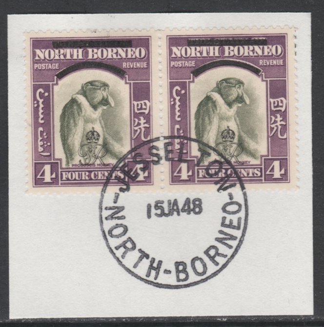 North Borneo 1947 KG6 Crown Colony 4c Monkey horizontal pair on piece with full strike of Madame Joseph forged postmark type 311, SG338, stamps on , stamps on  stamps on animals, stamps on  stamps on apes