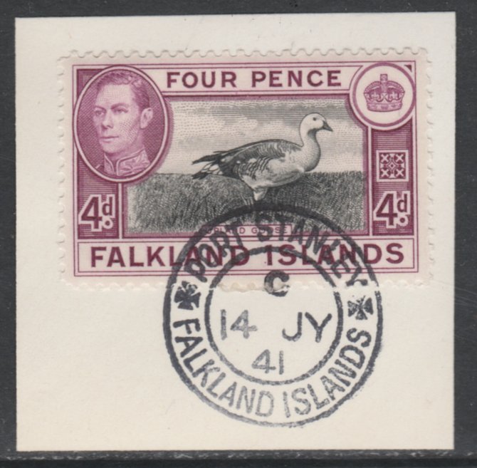 Falkland Islands 1938-50 KG6 Magellan Goose 4d SG 154 on piece with full strike of Madame Joseph forged postmark type 156, stamps on , stamps on  kg6 , stamps on geese