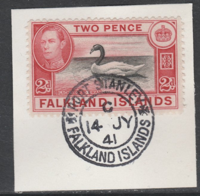 Falkland Islands 1938-50 KG6 Black-necked Swan 2d SG 150 on piece with full strike of Madame Joseph forged postmark type 156, stamps on , stamps on  kg6 , stamps on swans