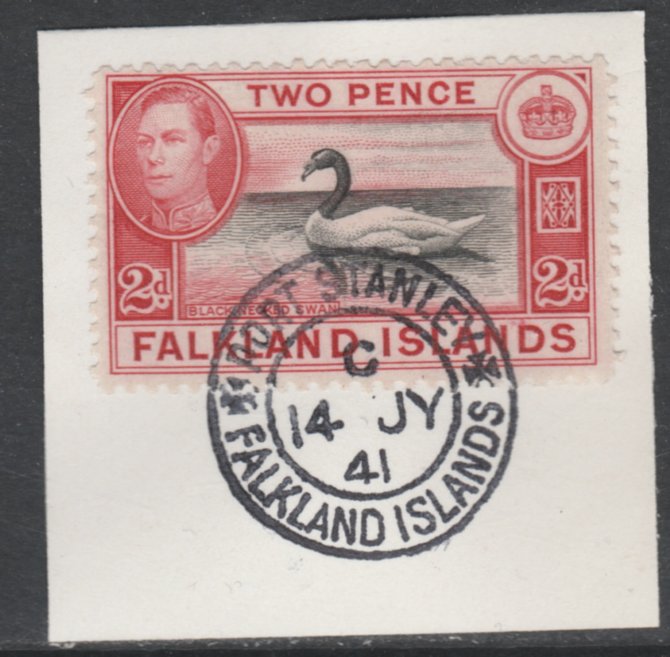 Falkland Islands 1938-50 KG6 Black-necked Swan 2d SG 150 on piece with full strike of Madame Joseph forged postmark type 156, stamps on , stamps on  stamps on , stamps on  stamps on  kg6 , stamps on  stamps on swans