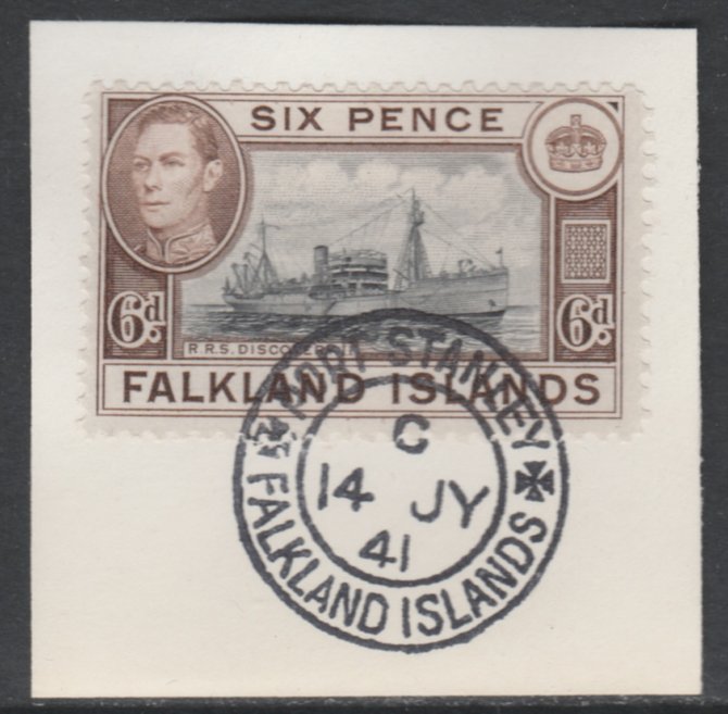 Falkland Islands 1938-50 KG6 Discovery II (Supply Ship) 6d black & brown SG 155a on piece with full strike of Madame Joseph forged postmark type 156, stamps on , stamps on  kg6 , stamps on ships