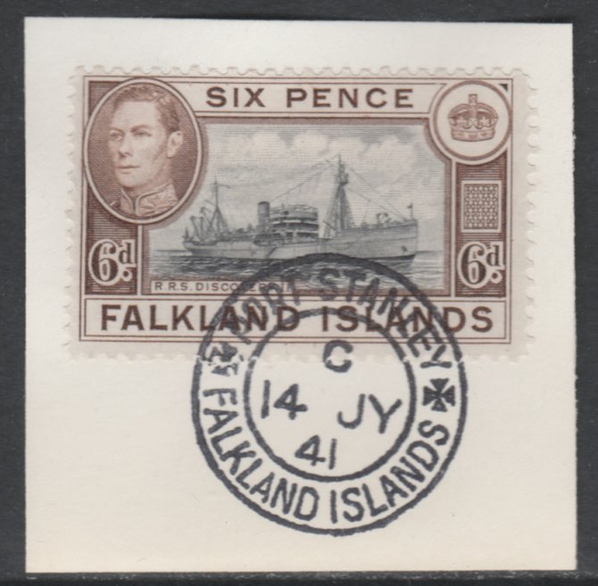 Falkland Islands 1938-50 KG6 Discovery II (Supply Ship) 6d black & brown SG 155a on piece with full strike of Madame Joseph forged postmark type 156, stamps on , stamps on  stamps on , stamps on  stamps on  kg6 , stamps on  stamps on ships