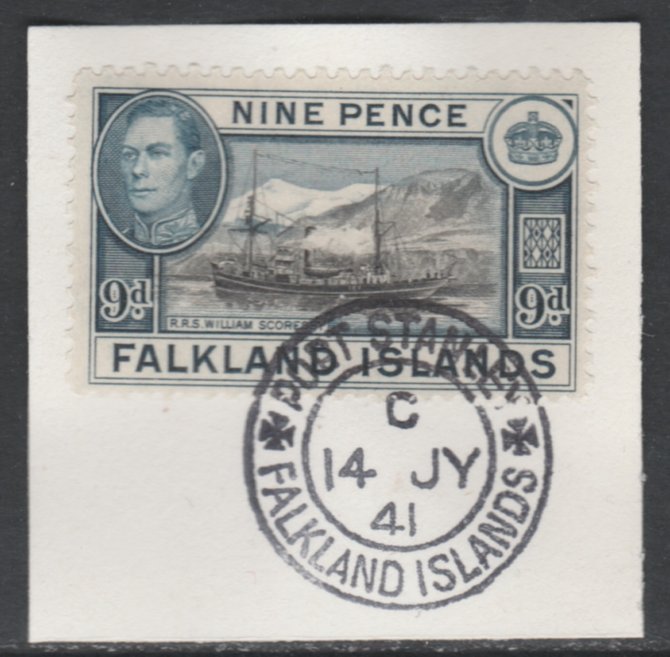 Falkland Islands 1938-50 KG6 William Scoresby (Supply Ship) 9d SG 157 on piece with full strike of Madame Joseph forged postmark type 156, stamps on , stamps on  kg6 , stamps on ships