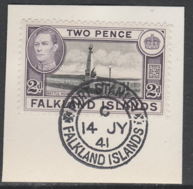 Falkland Islands 1938-50 KG6 Memorial 2d black & violet SG 149 on piece with full strike of Madame Joseph forged postmark type 156, stamps on , stamps on  kg6 , stamps on battles