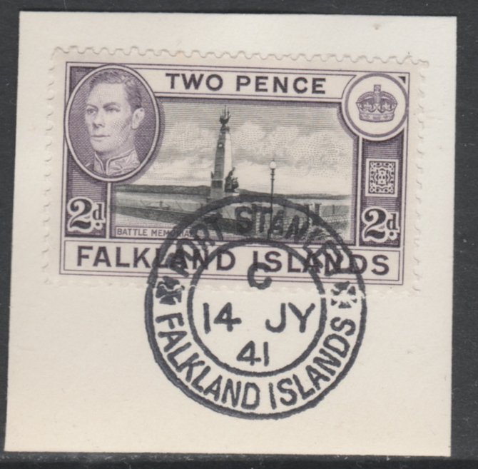 Falkland Islands 1938-50 KG6 Memorial 2d black & violet SG 149 on piece with full strike of Madame Joseph forged postmark type 156, stamps on , stamps on  stamps on , stamps on  stamps on  kg6 , stamps on  stamps on battles