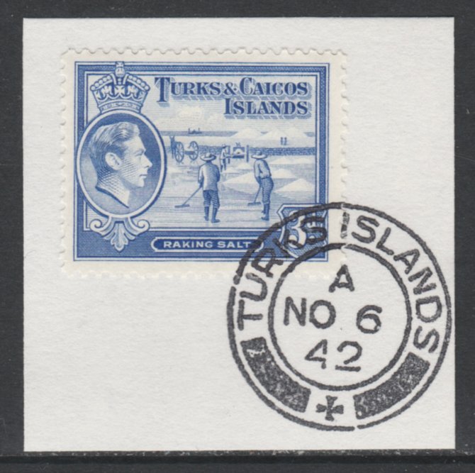 Turks & Caicos Islands 1938 KG6 Raking Salt 3d bright blue  SG 200 on piece with full strike of Madame Joseph forged postmark type 427, stamps on , stamps on  stamps on salt, stamps on  stamps on herbs, stamps on  stamps on spices, stamps on  stamps on food, stamps on  stamps on , stamps on  stamps on  kg6 , stamps on  stamps on , stamps on  stamps on minerals