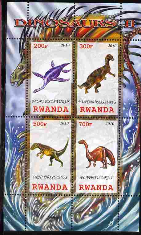 Rwanda 2010 Dinosaurs #2 perf sheetlet containing 4 values unmounted mint, stamps on dinosaurs