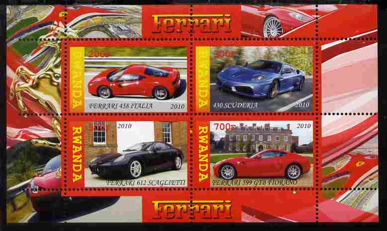 Rwanda 2010 Ferrari Cars perf sheetlet containing 4 values unmounted mint, stamps on cars, stamps on ferrari