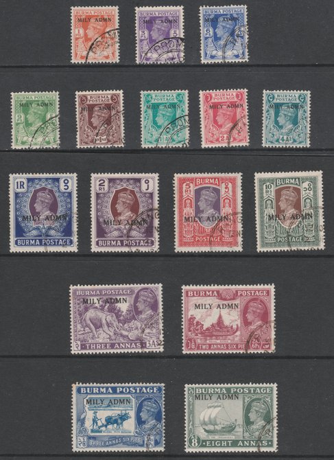 Burma 1945 Mily Admin opt on KG6 complete set of 16 fine cds used SG 35-50. Blocks of 4 available price pro-rata, please buy x 4 if interested, stamps on , stamps on  stamps on , stamps on  stamps on  kg6 , stamps on  stamps on 