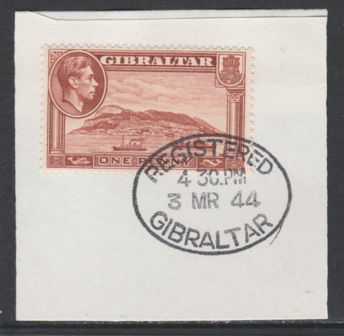 Gibraltar 1938-51 KG6 1d P13 red-brown on piece with full strike of Madame Joseph forged postmark type 188, SG 122b, stamps on , stamps on  stamps on , stamps on  stamps on  kg6 , stamps on  stamps on 