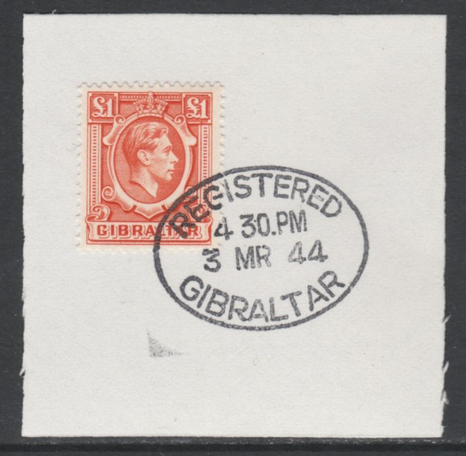 Gibraltar 1938-51 KG6 £1 orange on piece with full strike of Madame Joseph forged postmark type 188, SG 131, stamps on , stamps on  stamps on , stamps on  stamps on  kg6 , stamps on  stamps on 