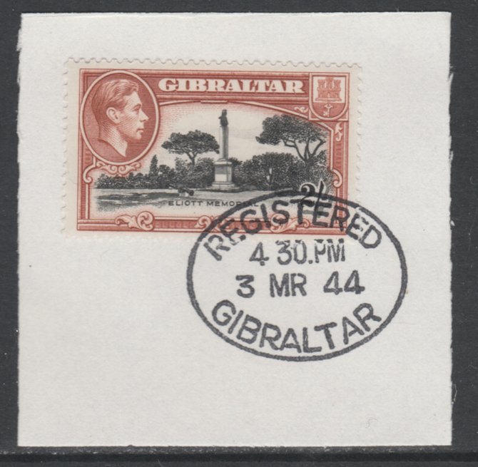 Gibraltar 1938-51 KG6 2s black & brown P13 on piece with full strike of Madame Joseph forged postmark type 188, SG 128b, stamps on , stamps on  kg6 , stamps on 