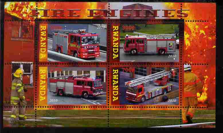 Rwanda 2010 Fire Engines perf sheetlet containing 4 values unmounted mint, stamps on , stamps on  stamps on fire