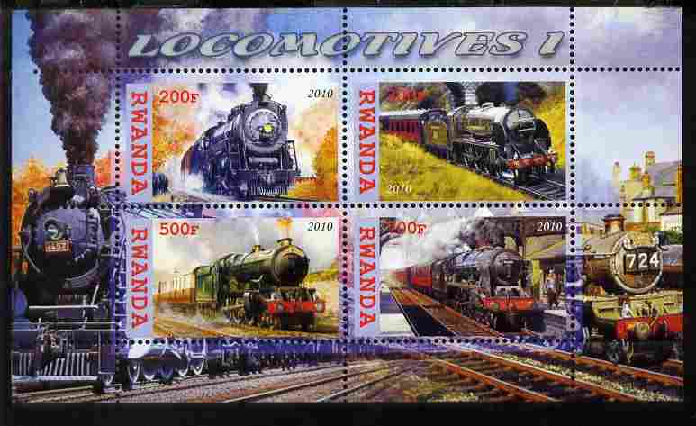 Rwanda 2010 Steam Locomotives #1 perf sheetlet containing 4 values unmounted mint, stamps on railways