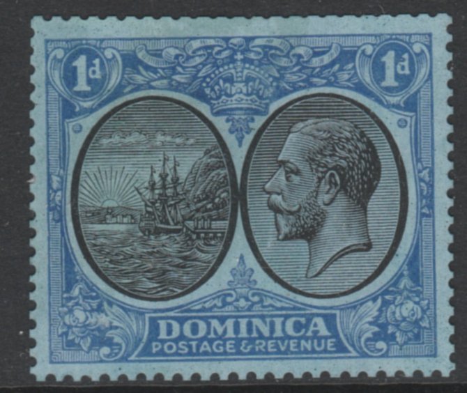 Dominica 1923 KG5 Badge issue 1d COLOUR TRIAL in the colours of the issued 2s on gummed and watermarked paper. Note small plate flaw at the back of the Kings head which o..., stamps on 