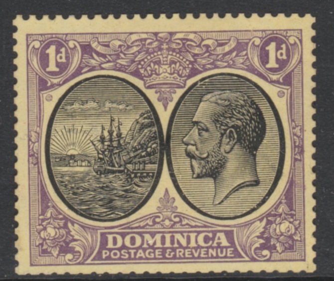 Dominica 1923 KG5 Badge issue 1d COLOUR TRIAL in the colours of the issued 3s on gummed and watermarked paper. Note small plate flaw at the back of the King's head which only occurred on the colour trial plates (probably unique), stamps on , stamps on  stamps on dominica 1923 kg5 badge issue 1d colour trial in the colours of the issued 3s on gummed and watermarked paper. note small plate flaw at the back of the king's head which only occurred on the colour trial plates (probably unique)